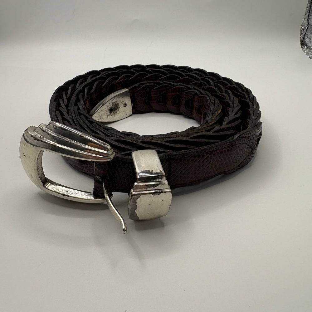 Brighton Mens Braided Lizard Embossed Leather Belt Brown Silver Buckle 34 3216